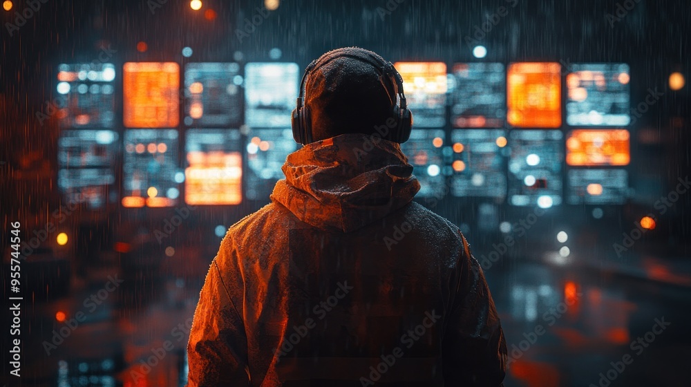 Man in a hoodie with headphones watching screens in the rain Man in a hoodie with headphones watching screens in the rain