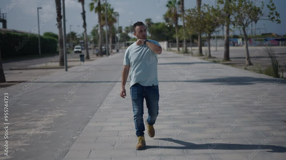 Young Caucasian boy walking with his back to the camera along the cement walkway between palm trees sends a voice note with his smartwatch Young Caucasian boy walking with his back to the camera along the cement walkway between palm trees sends a voice note with his smartwatch