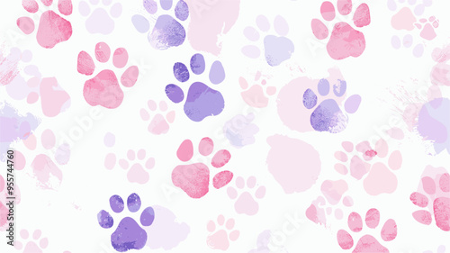 Paw print patterned background in pink and purple pastel tones