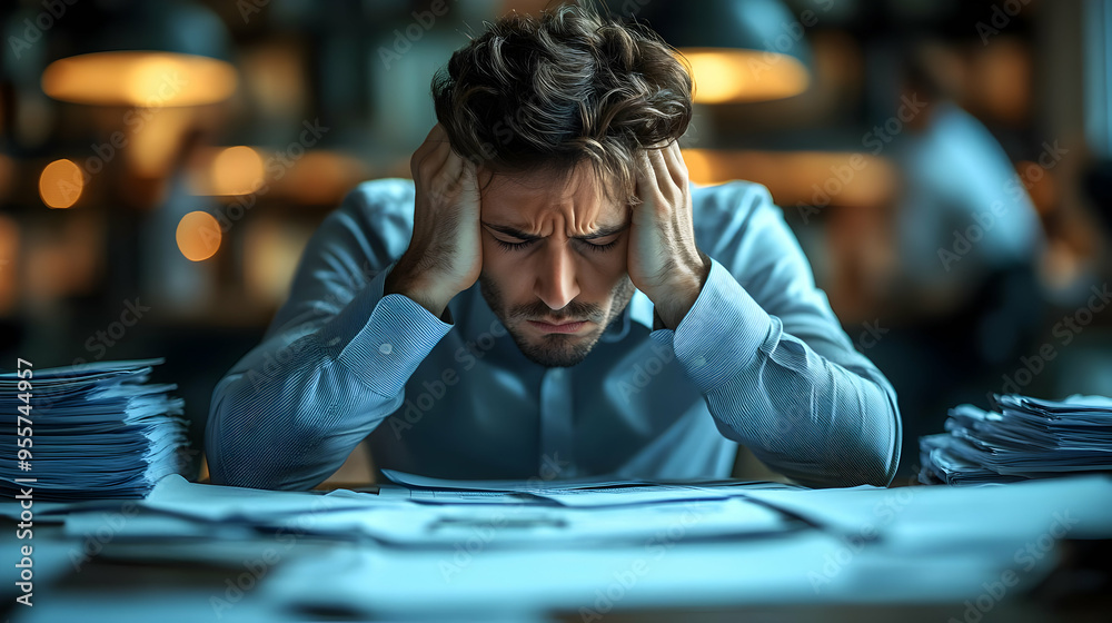 A stressed man overwhelmed by paperwork in a dimly lit office. A stressed man overwhelmed by paperwork in a dimly lit office.