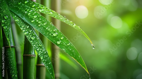 Dewdrops on Lush Green Bamboo Leaves