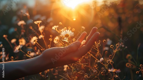 A hand gently holding a daisy flower, illuminated by the warm and soft light of a sunset, symbolizing peace and connection to nature..