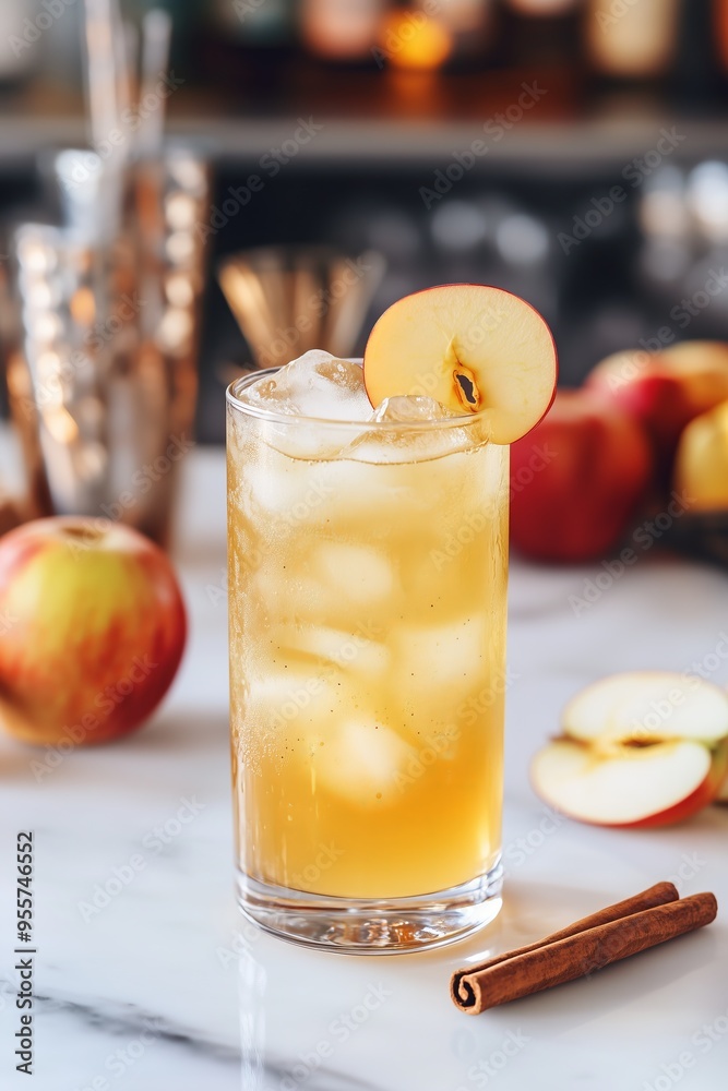 A chilled apple cinnamon cocktail garnished with apple slices, perfect for a refreshing drink at the bar. A chilled apple cinnamon cocktail garnished with apple slices, perfect for a refreshing drink at the bar.
