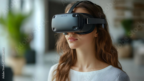 A woman wearing a virtual reality headset in a modern setting.