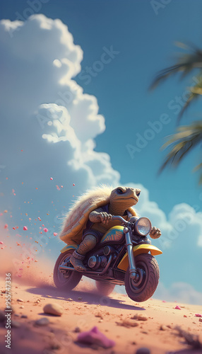 A baby turtle rides a bicycle under a vibrant blue sky with fluffy white fur on its shell, sailing smoothly and leaving a trail of colored sand a charming and lively scene while tree leaves gently swa photo