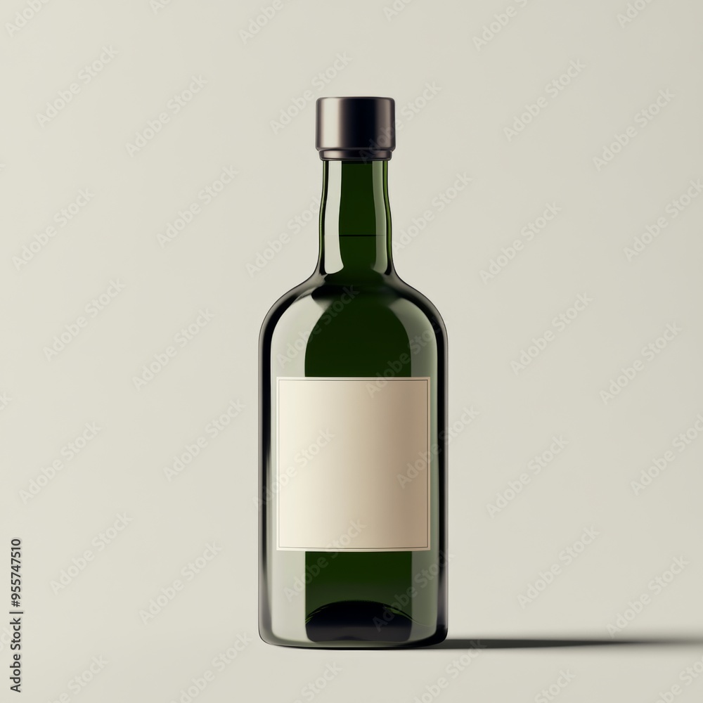 A green glass bottle with a blank label, suggesting a beverage or liquor. A green glass bottle with a blank label, suggesting a beverage or liquor.