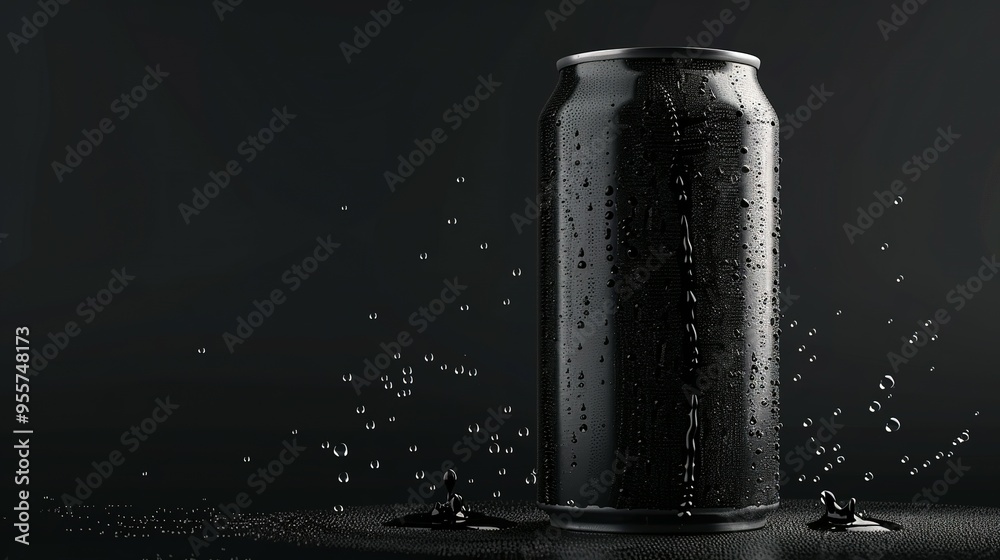 Black Aluminum Can with Water Droplets on a Dark Background Black Aluminum Can with Water Droplets on a Dark Background