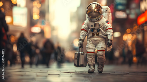 Astronaut walking in a bustling urban street with a suitcase.