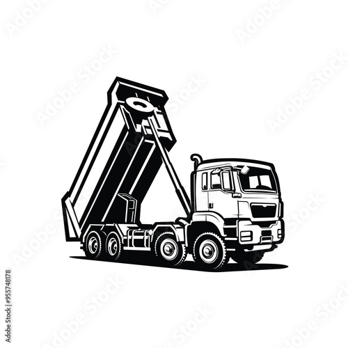 Premium Dump Truck Monochrome Vector. Tipper Truck Silhouette Vector Isolated. Best for Dumpster Trucking and Moving Related Industry