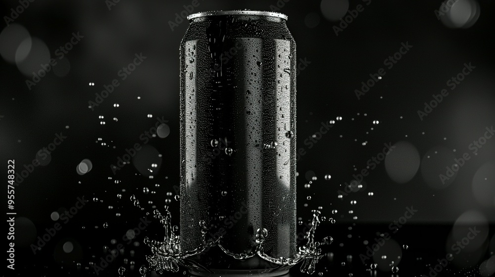 Black Aluminum Can with Water Droplets and Splash Black Aluminum Can with Water Droplets and Splash