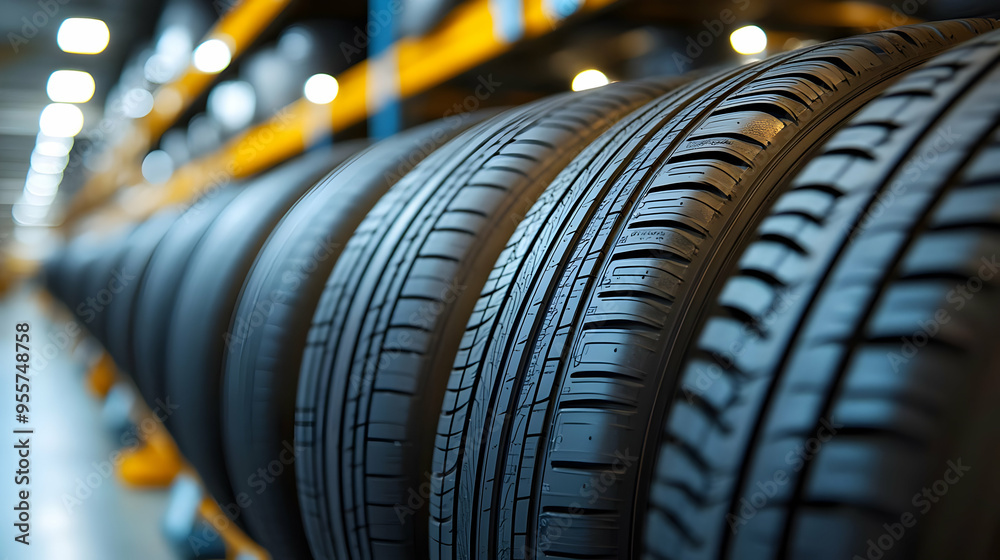 Close-up of stacked tires in a storage facility. Close-up of stacked tires in a storage facility.
