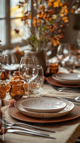 Beautiful table setting featuring elegant glassware and autumn decorations, perfect for festive dinners or special occasions.