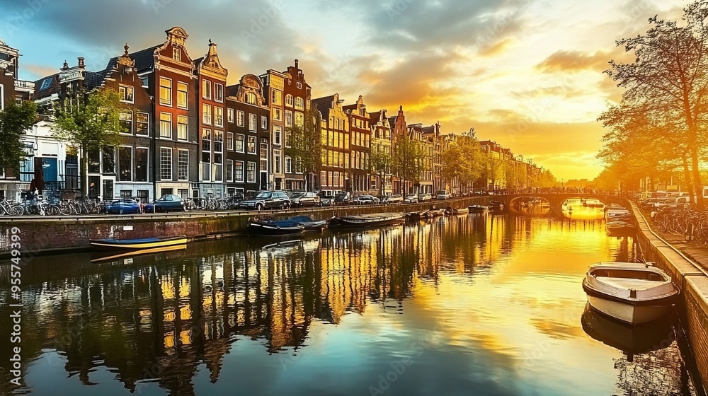 Obraz premium Sunset Over Amsterdam Canals