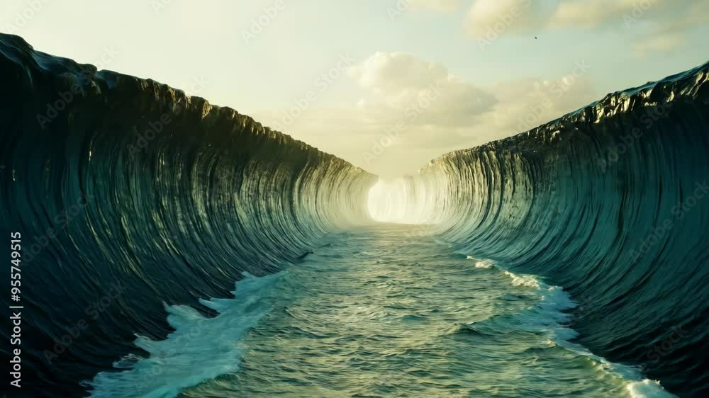 Сomposite of the ocean opening up to form a canal. Animation of Moses separate the sea in exodus. Israelites crossing the red sea. Biblical and religion concept. Happy Passover, Pesah