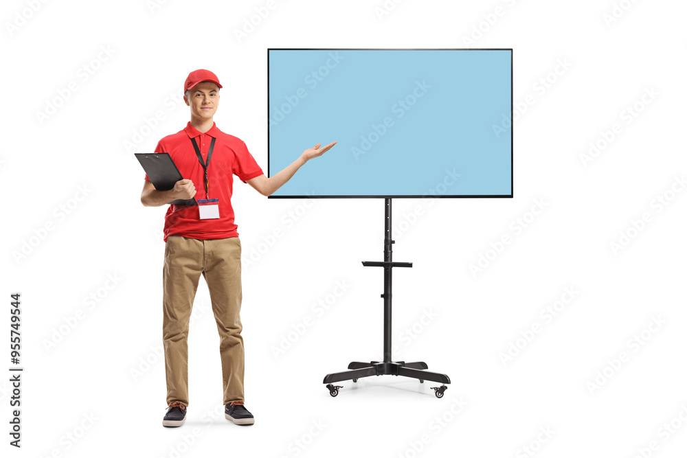 Full length portrait of a shop assistant holding a clipboard and pointing at a tv screen Full length portrait of a shop assistant holding a clipboard and pointing at a tv screen