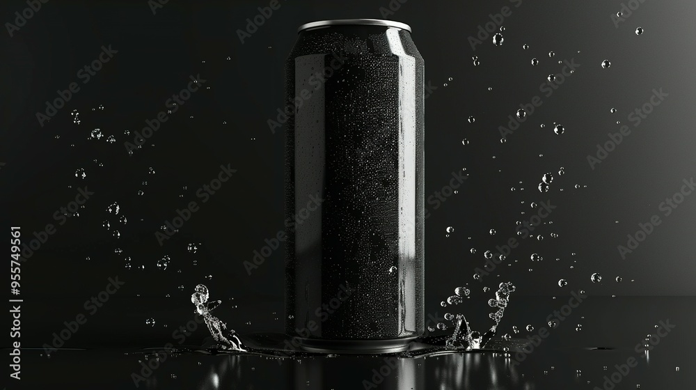 Black Aluminum Can With Water Droplets on Dark Background Black Aluminum Can With Water Droplets on Dark Background