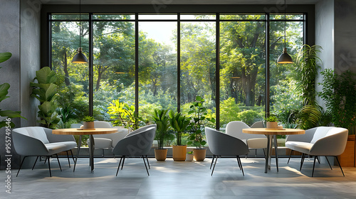 Cozy indoor seating area with large windows and greenery outside.