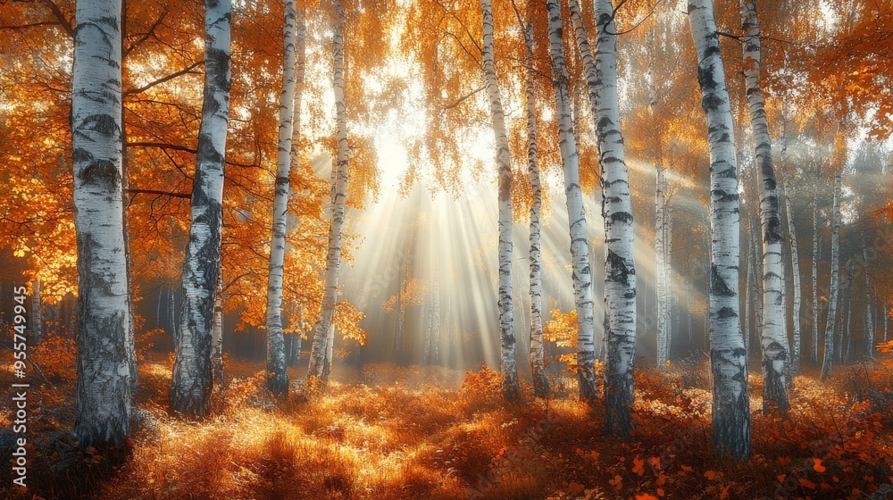 Golden Sunlight Streaming Through Birch Trees in a Misty Autumn Forest Golden Sunlight Streaming Through Birch Trees in a Misty Autumn Forest