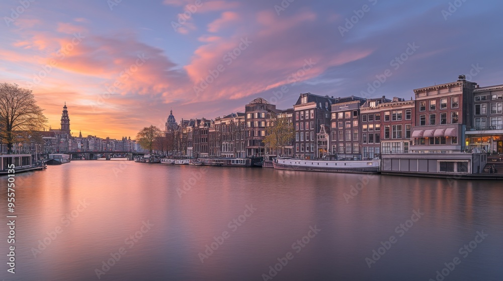 Obraz premium Tranquil Sunset over Amsterdam Canals