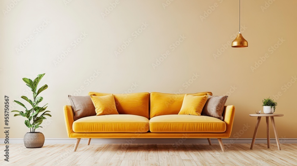 Inviting Modern Living Room with Yellow Sofa and Warm Toned Decor Inviting Modern Living Room with Yellow Sofa and Warm Toned Decor