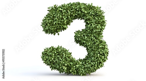 Photorealistic Number "3" Formed from Lush Greenery, Representing Growth and Vitality, Isolated on a White Background, Perfect for Eco-Friendly and Nature-Inspired Designs