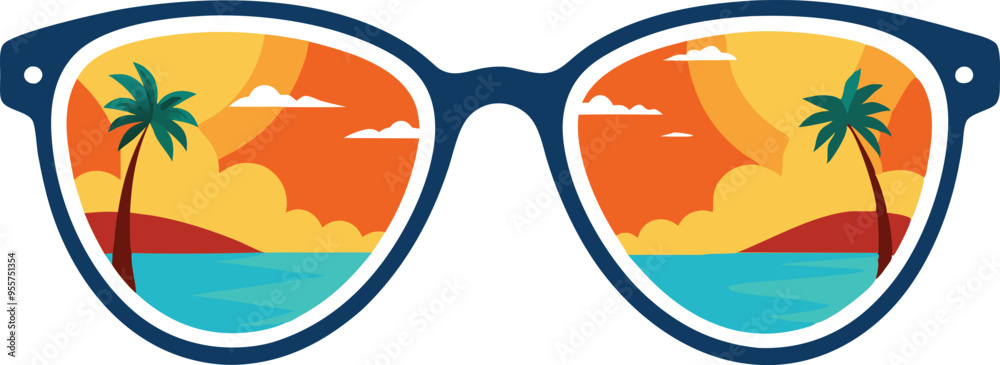 An eye-catching, high-resolution illustration of a pair of retro-inspired sunglasses, with the lenses reflecting a stunning beach scene. An eye-catching, high-resolution illustration of a pair of retro-inspired sunglasses, with the lenses reflecting a stunning beach scene.