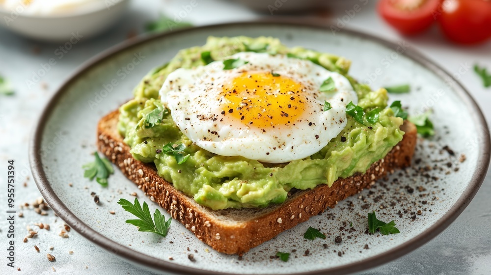 A close-up of a fried egg on avocado toast garnished with fresh parsley, perfect for a healthy breakfast idea. A close-up of a fried egg on avocado toast garnished with fresh parsley, perfect for a healthy breakfast idea.