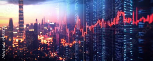 Digital display showing falling interest rates with a cityscape in the background, economic outlook