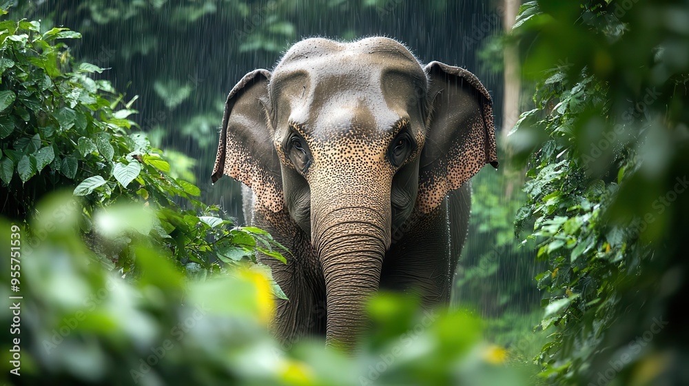 Fototapeta premium Elephant walking through a rain-soaked jungle, droplets shimmering on leaves, evoking a gentle mood