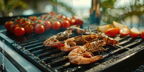 Grilled Shrimps Venison Meat Cherry Tomatoes and Apple Rings on a BBQ Grill on a Sunny Summer Day on the Balcony photo