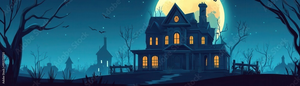 Ghostly mansion under a haunting moon, flat design, top view, eerie glow theme, animation, Complementary Color Scheme Ghostly mansion under a haunting moon, flat design, top view, eerie glow theme, animation, Complementary Color Scheme