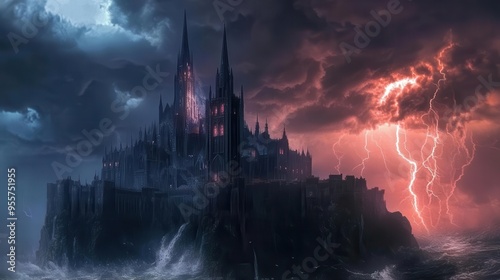 Gothic castle amidst a violent thunderstorm, flat design, side view, spectral theme, water color, colored pastel