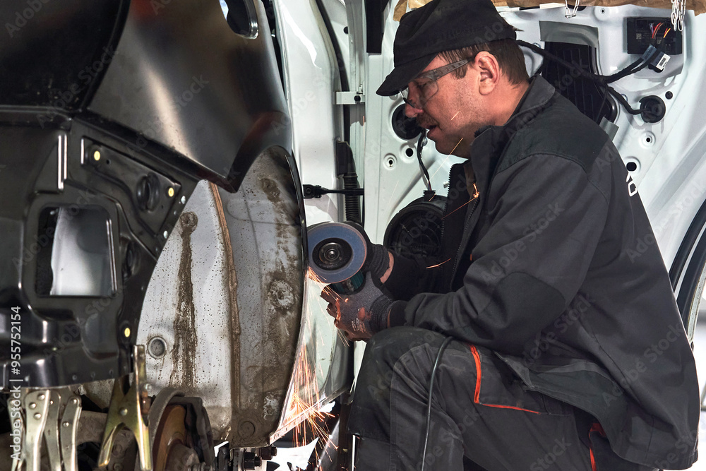 Repair service worker fix damaged car. Working with angle grinder to fix metal body. Repair service worker fix damaged car. Working with angle grinder to fix metal body.
