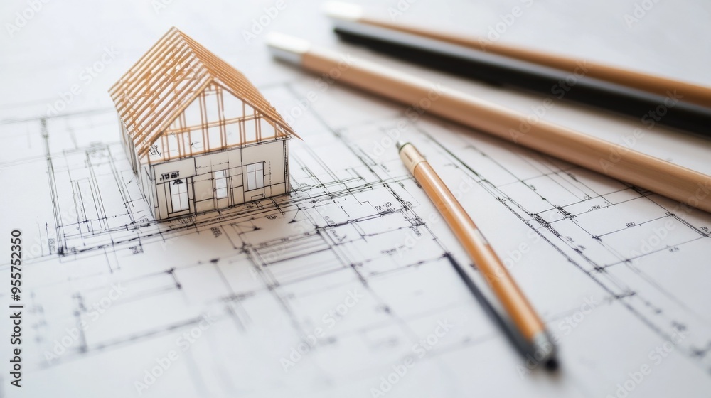 Architectural Blueprint with Model House Architectural Blueprint with Model House