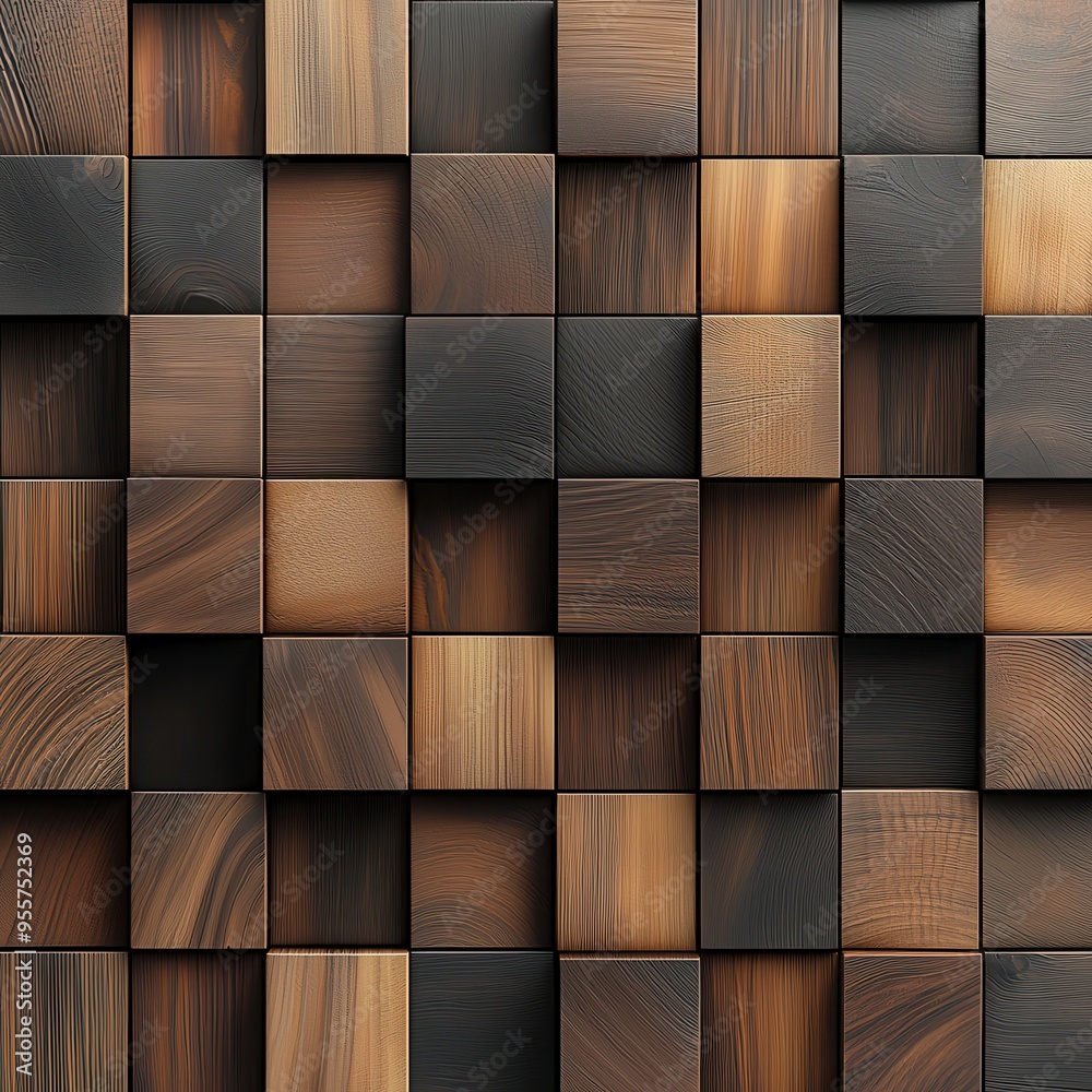 A geometric of wooden blocks in varying shades and textures, creating a modern, abstract wall design with depth and warmth.