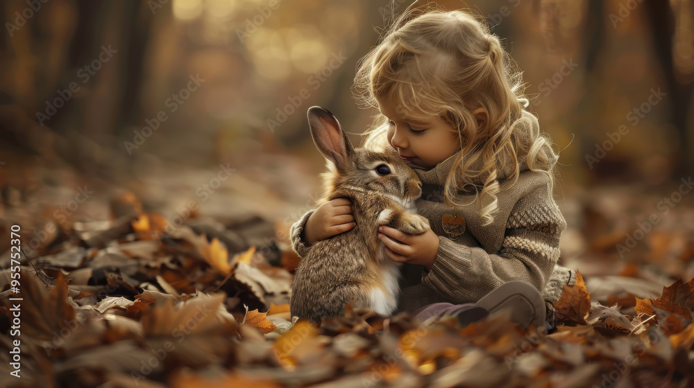 Fototapeta premium A heartwarming image of childhood friendship, Girl and rabbit.
