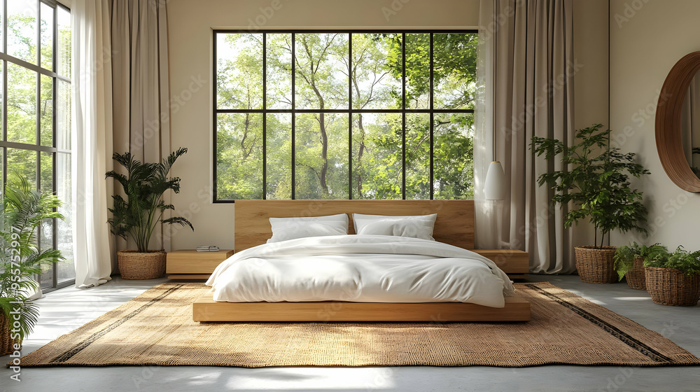 Cozy modern bedroom with large windows and natural decor. Cozy modern bedroom with large windows and natural decor.