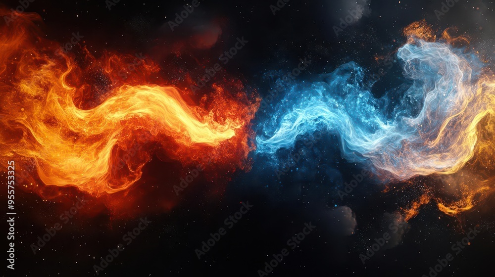 abstract fire and ice collision swirling tendrils of red and blue energy clash dramatically against a black void powerful visual metaphor for conflict and duality abstract fire and ice collision swirling tendrils of red and blue energy clash dramatically against a black void powerful visual metaphor for conflict and duality