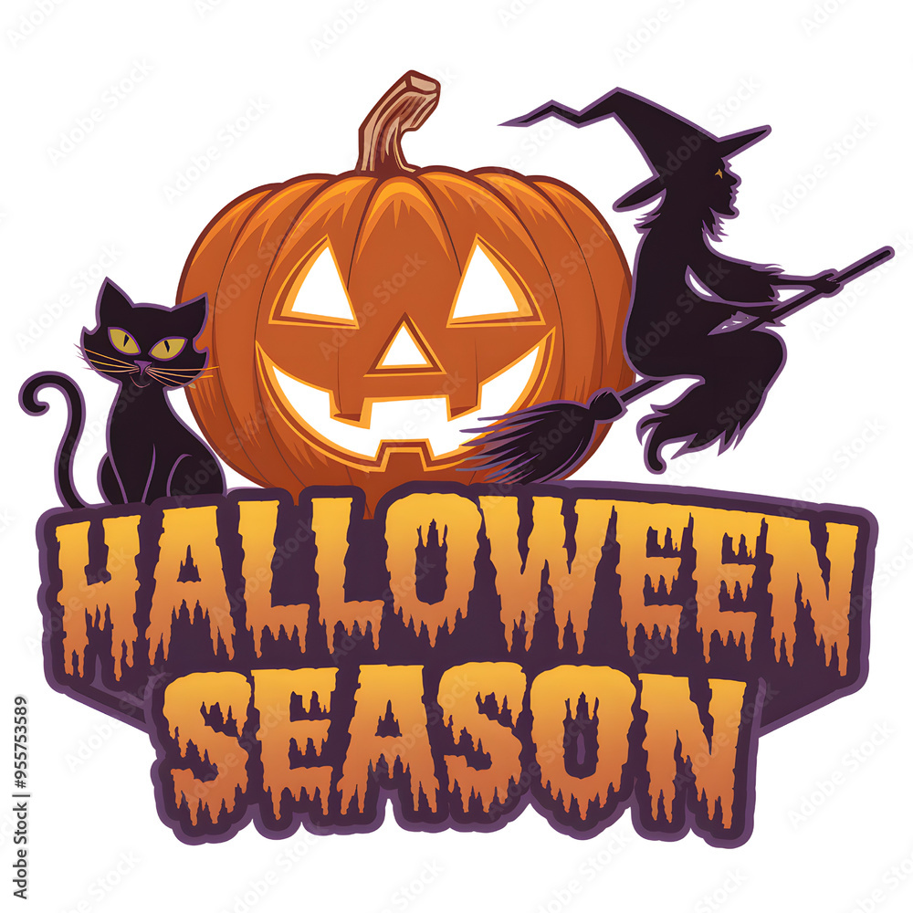 Spooky Halloween season illustration featuring a carved pumpkin, black cat, and witch. Perfect for festive decorations. Spooky Halloween season illustration featuring a carved pumpkin, black cat, and witch. Perfect for festive decorations.