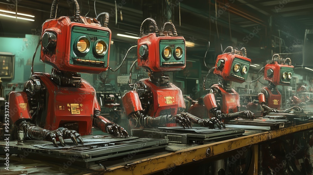 Fototapeta premium Robotic assembly line workers diligently engaged in manufacturing tasks within a modern factory setting during daytime