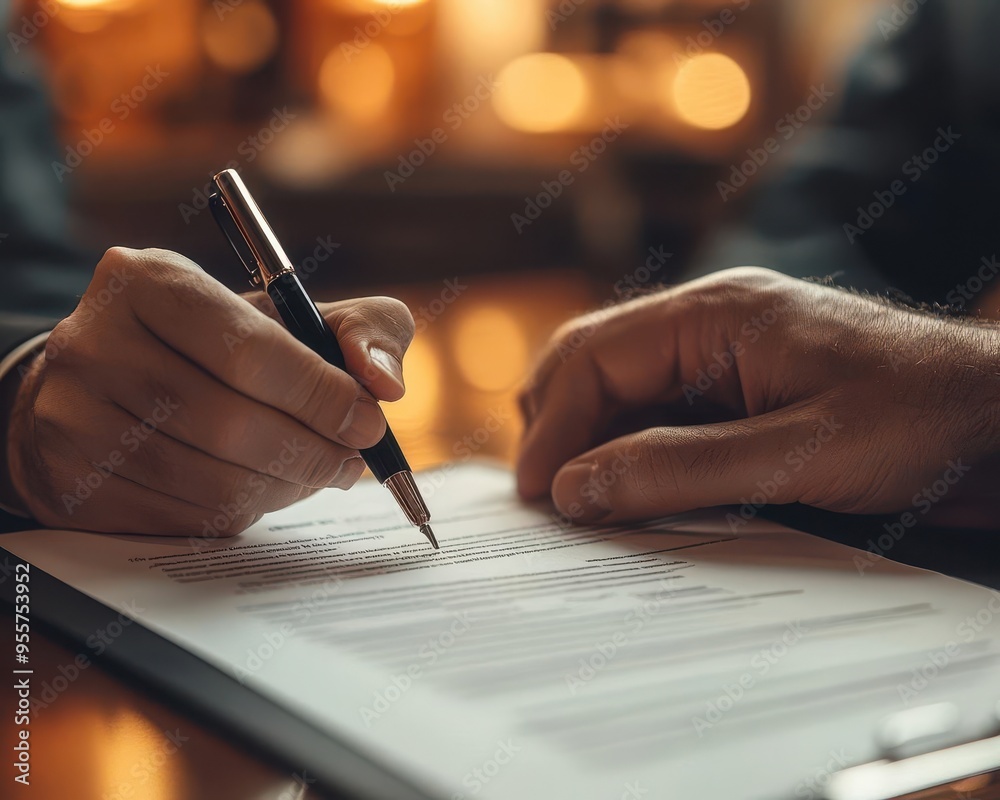 Business contract being signed by two parties, professional style, close-up, sharp focus, soft lighting Business contract being signed by two parties, professional style, close-up, sharp focus, soft lighting