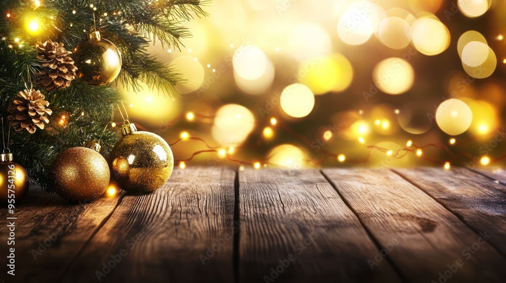 Christmas Ornaments on Wooden Table with Golden Lights Christmas Ornaments on Wooden Table with Golden Lights