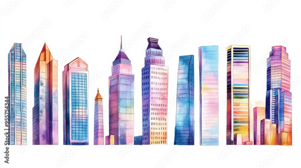 Skyscrapers collection. Watercolor illustrations set
