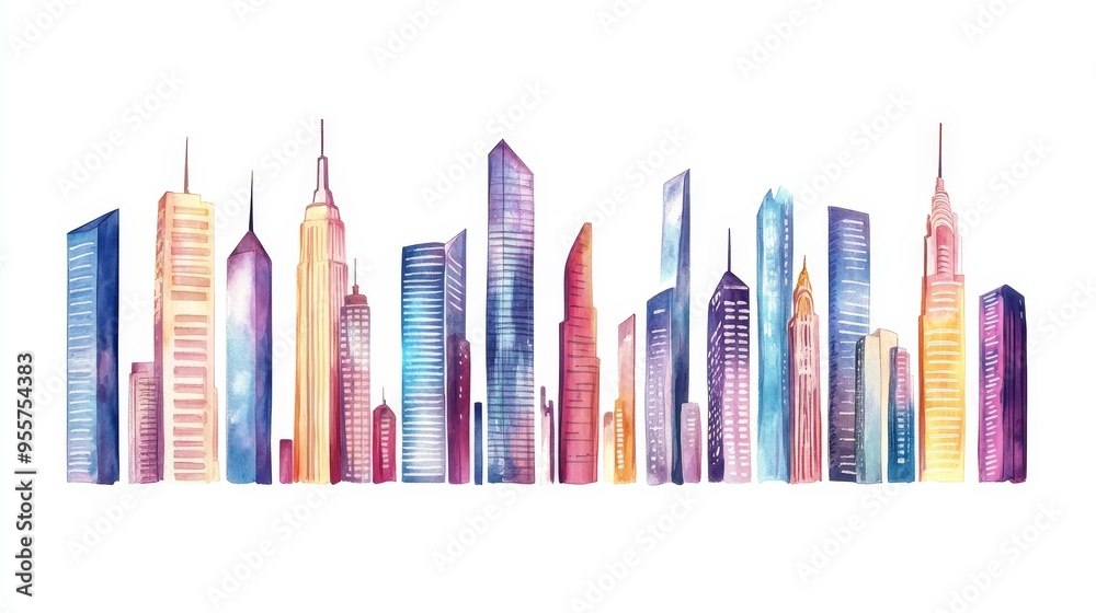 Skyscrapers collection. Watercolor illustrations set