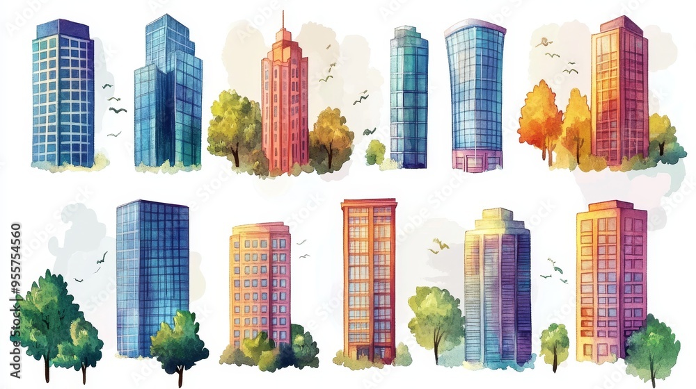 Skyscrapers collection. Watercolor illustrations set Skyscrapers collection. Watercolor illustrations set