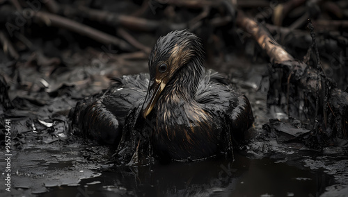 Oil-covered bird struggling in polluted environment near water's edge