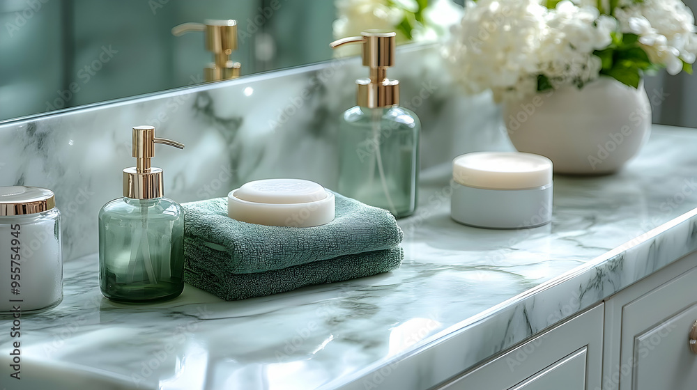 Elegant bathroom counter with toiletries and flowers. Elegant bathroom counter with toiletries and flowers.