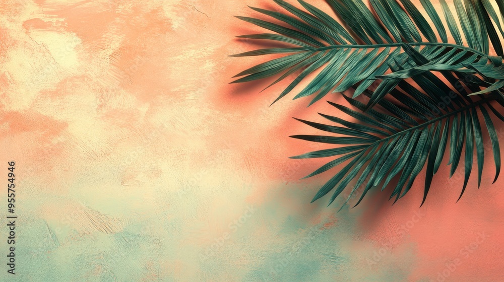 Fototapeta premium Palm Leaf Branch on a Peach and Green Textured Background