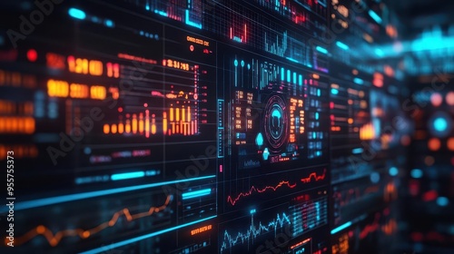 Data analytics with graphs and charts on multiple screens, analytical style, sharp focus, high detail, bright lighting