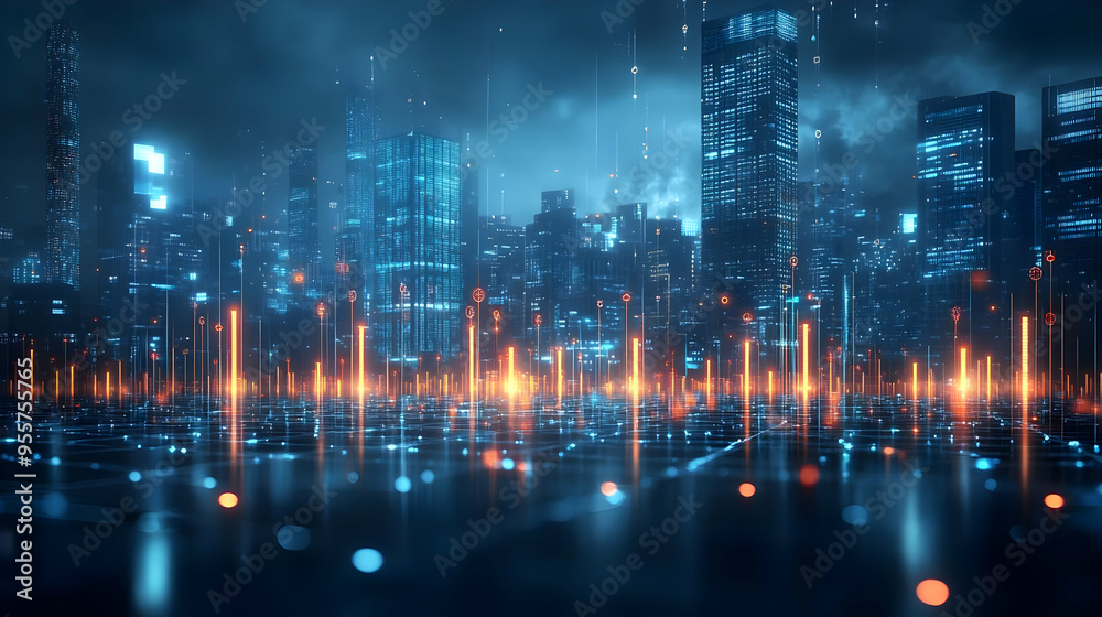 Fototapeta premium Futuristic cityscape with glowing soundwave visualizations.